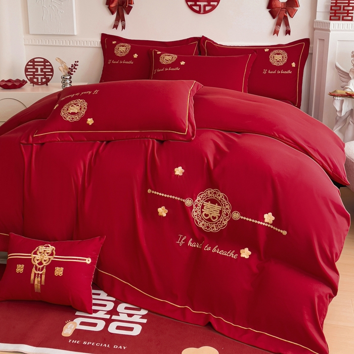 91家纺网 家纺一手货源 找家纺 2024新款亲肤面料婚庆刺绣系列四件套 吾家有喜