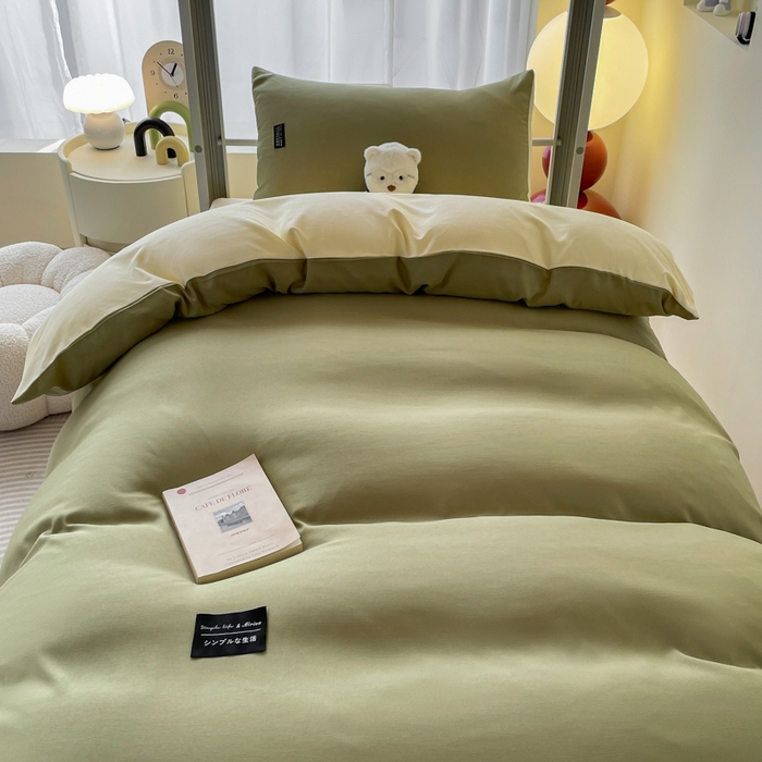 91家纺网 家纺一手货源 找家纺 米瑞娜 2024新款水洗棉麻双拼纯色学生三件套 抹茶+奶油