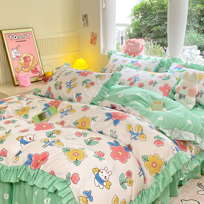 91家纺网 家纺一手货源 找家纺 亨通家纺 2025新款亲肤棉花边韩版床裙四件套 花小妹