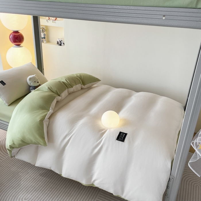 91家纺网 家纺一手货源 找家纺 米瑞娜2024水洗棉麻双拼纯色学生款被套 白+豆绿