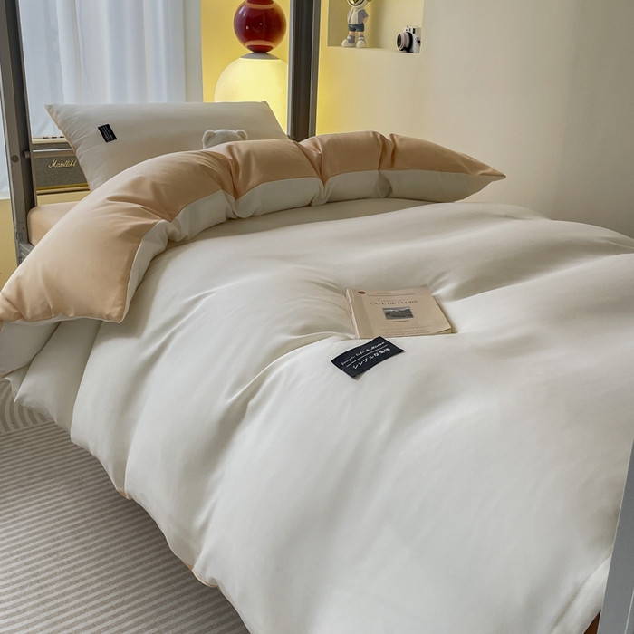 91家纺网 家纺一手货源 找家纺 米瑞娜 2024新款水洗棉麻双拼纯色学生三件套 奶茶+芝士