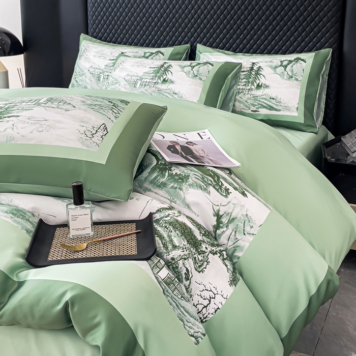 91家纺网 家纺一手货源 找家纺 2024新款水洗真丝画意山水系列四件套 画意山水-绿