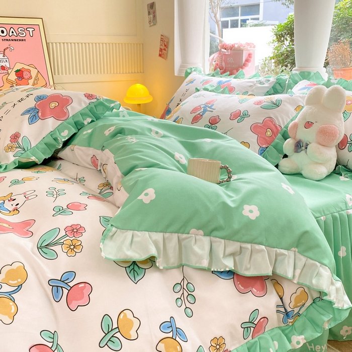 91家纺网 家纺一手货源 找家纺 亨通家纺 2025新款亲肤棉花边韩版床裙四件套 花小妹