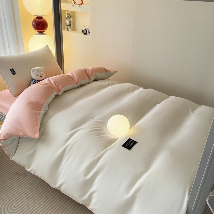 91家纺网 家纺一手货源 找家纺 米瑞娜 2024新款水洗棉麻双拼纯色学生三件套 奶白+冰粉