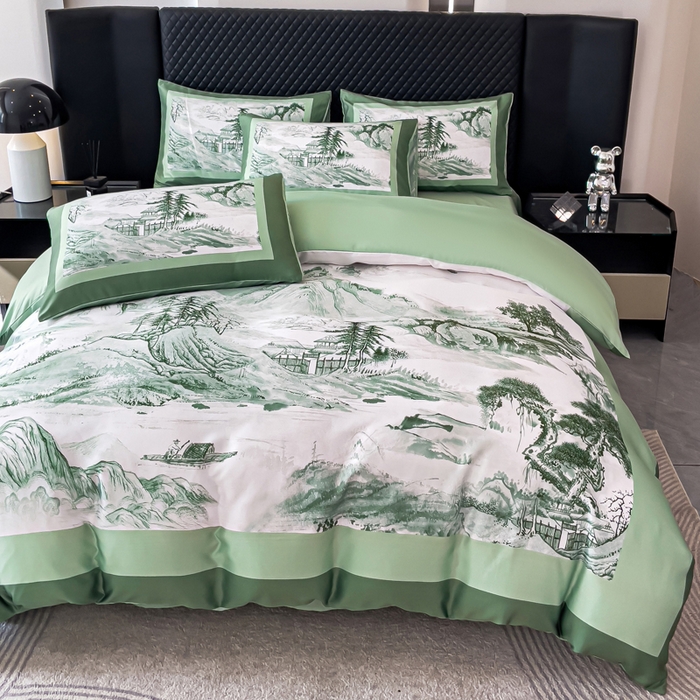 91家纺网 家纺一手货源 找家纺 2024新款水洗真丝画意山水系列四件套 画意山水-绿