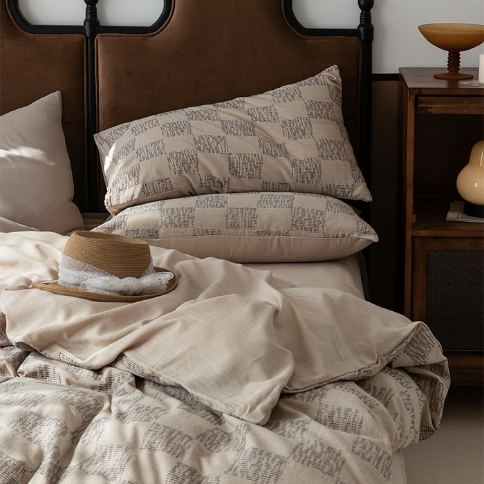 91家纺网 家纺一手货源 找家纺 棉邦 2024新款全棉色织工艺双层纱四件套 格高意远卡其