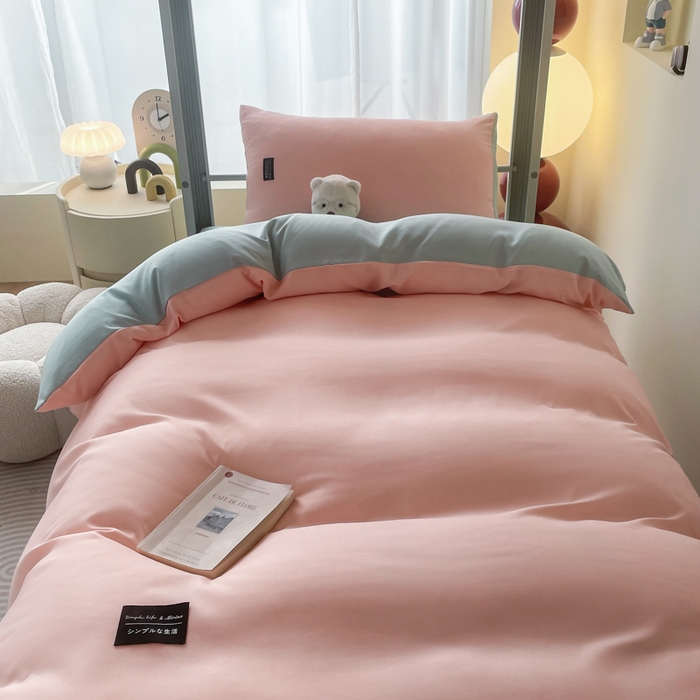 91家纺网 家纺一手货源 找家纺 米瑞娜 2024新款水洗棉麻双拼纯色学生三件套 冰粉+自然绿