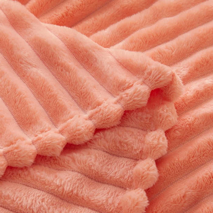 91家纺网 家纺一手货源 找家纺 春妮 2024新款兔毛绒宽抽条毛毯 暖阳橘