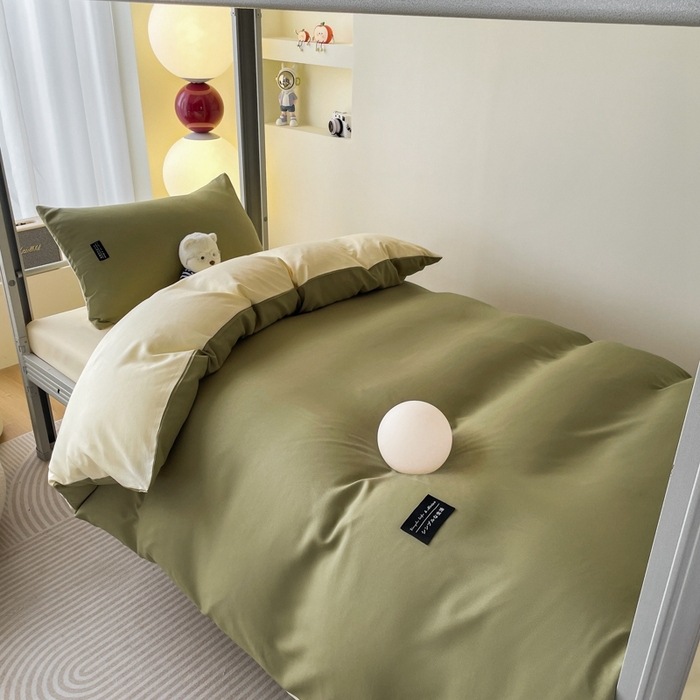 91家纺网 家纺一手货源 找家纺 米瑞娜2024水洗棉麻双拼纯色学生款四件套 抹茶+奶油