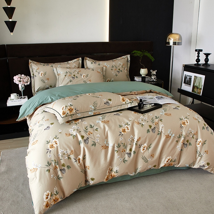 91家纺网 家纺一手货源 找家纺 沐白 2024新款全棉全棉13376全活性印花黄金棉系列四件套 木槿-咖