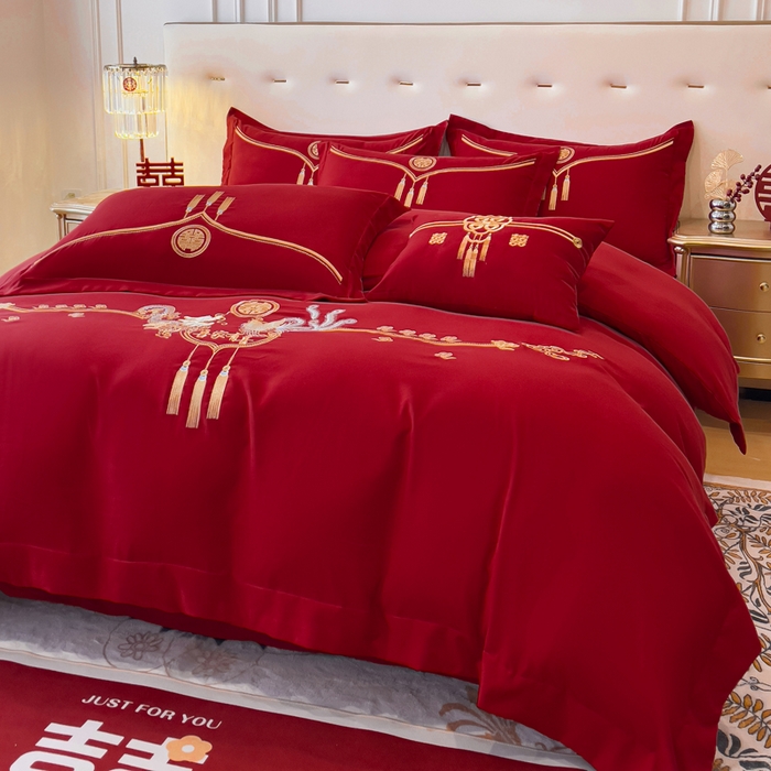 91家纺网 家纺一手货源 找家纺 2024新款亲肤面料婚庆刺绣系列四件套 龙凤呈祥