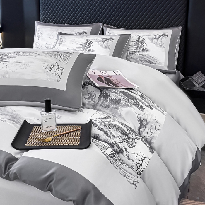 91家纺网 家纺一手货源 找家纺 2024新款水洗真丝画意山水系列四件套 画意山水-灰