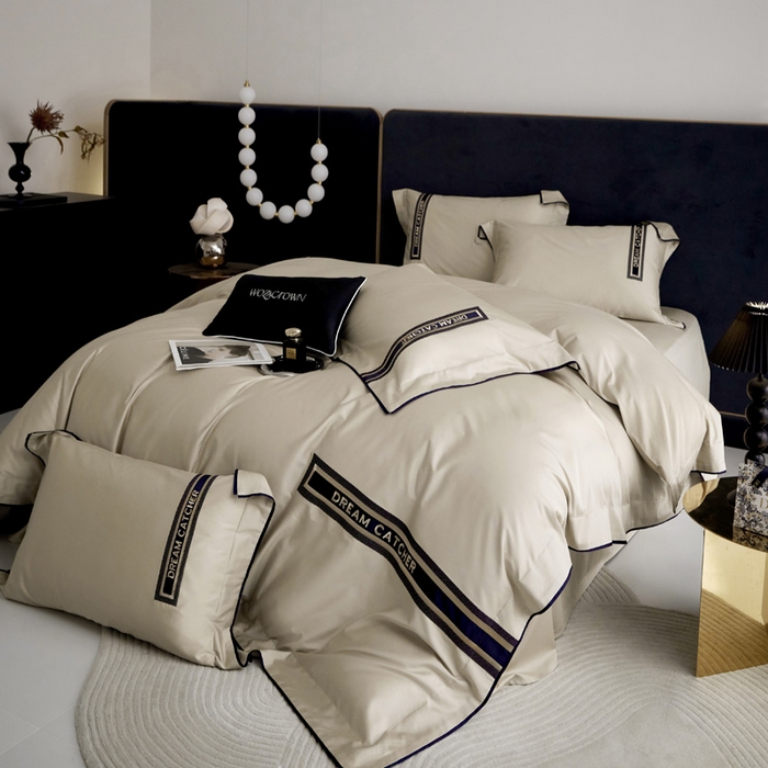 91家纺网 家纺一手货源 找家纺 爱缦 2024新款100支澳棉CR工艺极简轻奢刺绣四件套-茹伊 风格二 云深茶白