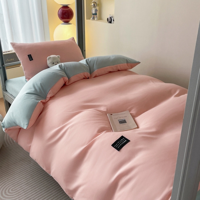 91家纺网 家纺一手货源 找家纺 米瑞娜2024水洗棉麻双拼纯色学生款四件套 冰粉+自然绿