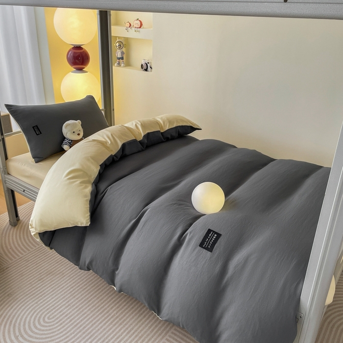 91家纺网 家纺一手货源 找家纺 米瑞娜2024水洗棉麻双拼纯色学生款四件套 中灰+奶茶