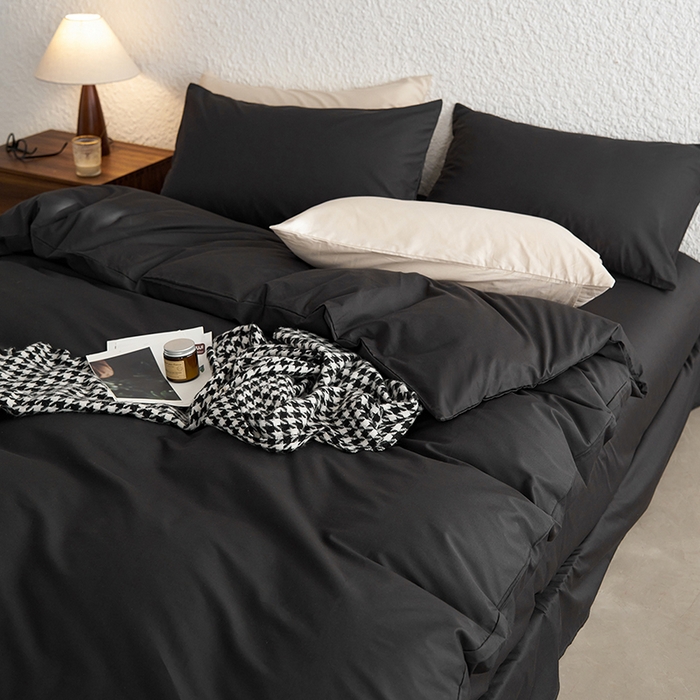 91家纺网 家纺一手货源 找家纺 千朵森 2024新款全棉贡缎双拼纯色四件套 暗香-熔岩灰