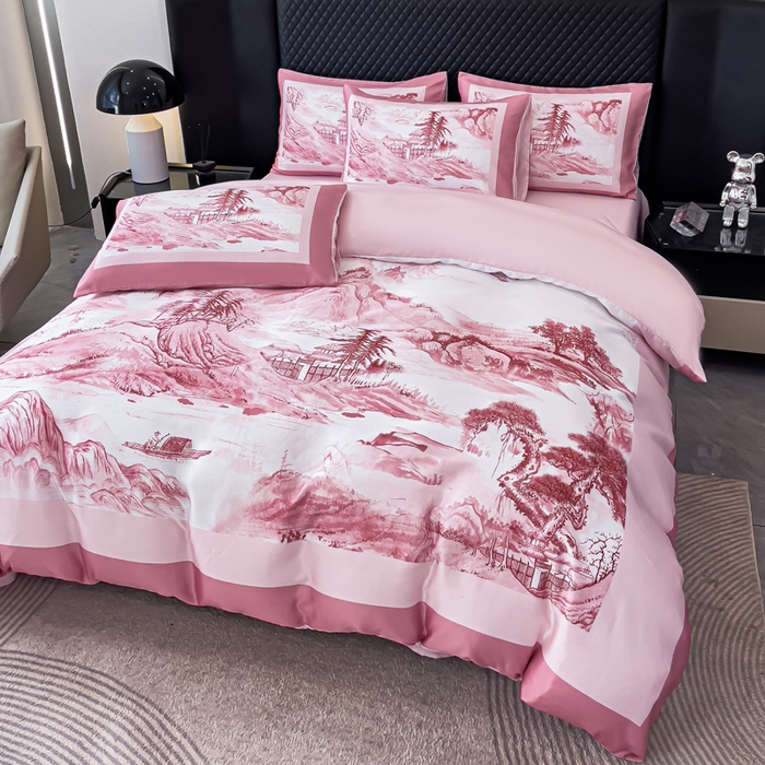 91家纺网 家纺一手货源 找家纺 2024新款水洗真丝画意山水系列四件套 画意山水-粉