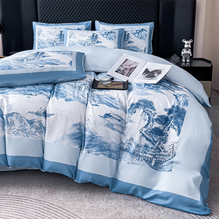 91家纺网 家纺一手货源 找家纺 2024新款水洗真丝画意山水系列四件套 画意山水-蓝