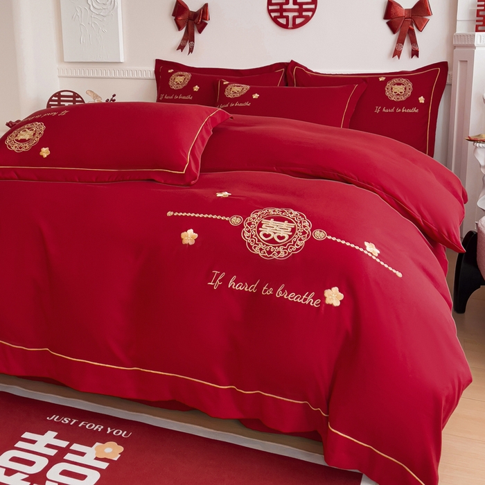 91家纺网 家纺一手货源 找家纺 2024新款亲肤面料婚庆刺绣系列四件套 吾家有喜