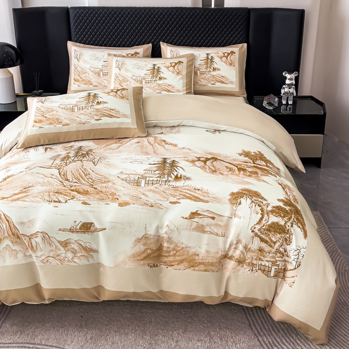 91家纺网 家纺一手货源 找家纺 2024新款水洗真丝画意山水系列四件套 画意山水-咖