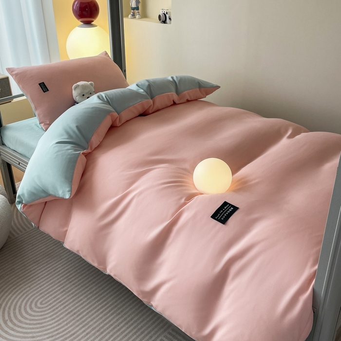 91家纺网 家纺一手货源 找家纺 米瑞娜2024水洗棉麻双拼纯色学生款被套 冰粉+自然绿