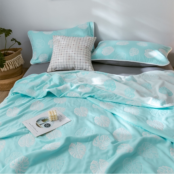 91家纺网 家纺一手货源 找家纺 朴尔 2024经典六层纱布全棉毛巾被系列 芭蕉情缘-蓝