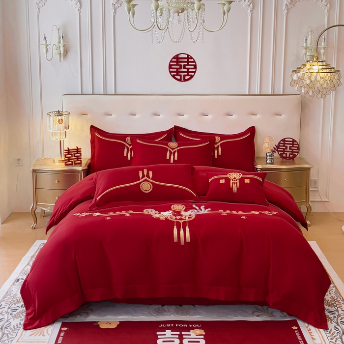 91家纺网 家纺一手货源 找家纺 2024新款亲肤面料婚庆刺绣系列四件套 龙凤呈祥