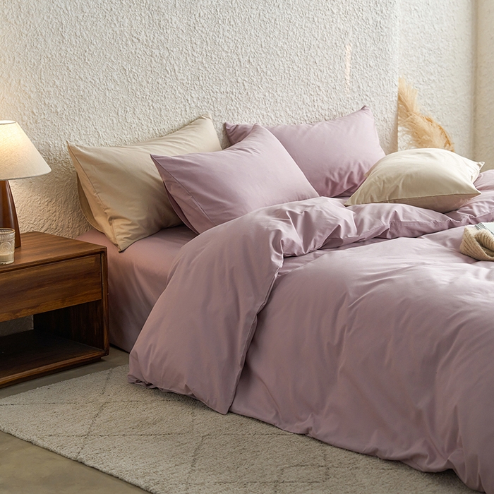 91家纺网 家纺一手货源 找家纺 千朵森 2024新款全棉贡缎双拼纯色四件套 暗香-豆沙粉