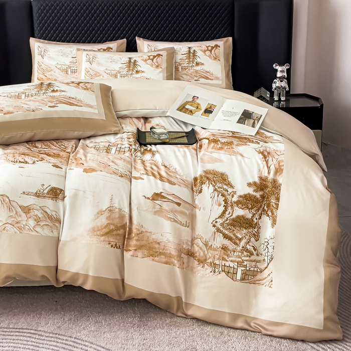 91家纺网 家纺一手货源 找家纺 2024新款水洗真丝画意山水系列四件套 画意山水-咖