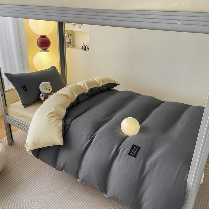 91家纺网 家纺一手货源 找家纺 米瑞娜 2024新款水洗棉麻双拼纯色学生三件套 中灰+奶茶