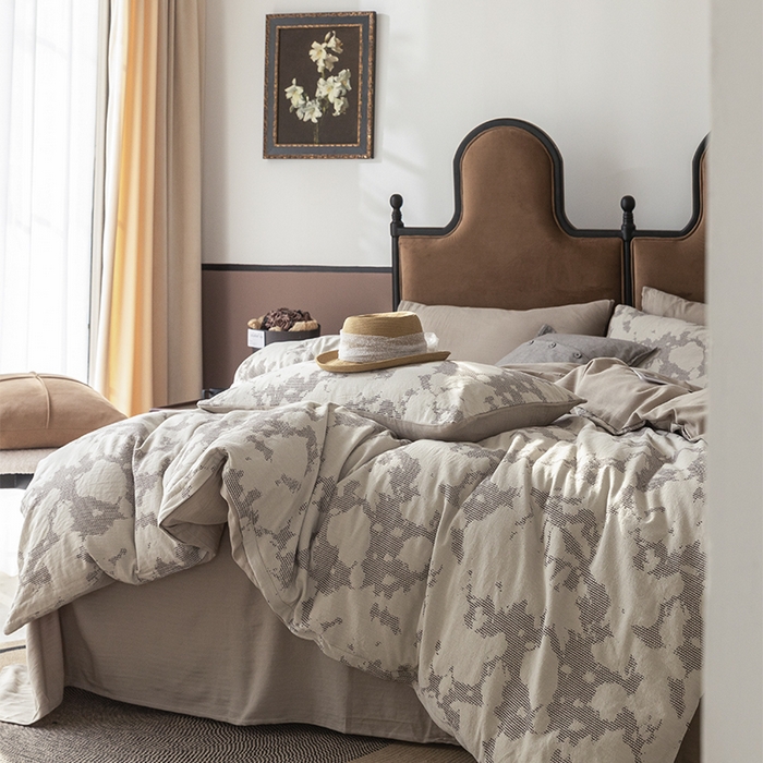 91家纺网 家纺一手货源 找家纺 棉邦 2024新款全棉色织工艺双层纱四件套 大展宏图米白