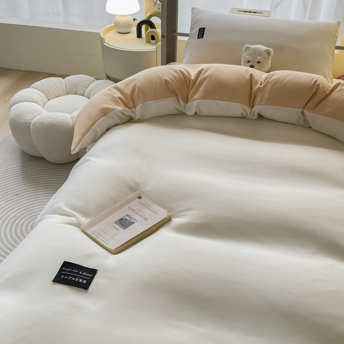 91家纺网 家纺一手货源 找家纺 米瑞娜2024水洗棉麻双拼纯色学生款被套 奶茶+芝士