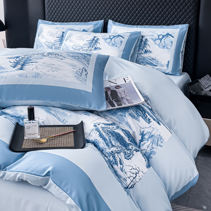 91家纺网 家纺一手货源 找家纺 2024新款水洗真丝画意山水系列四件套 画意山水-蓝