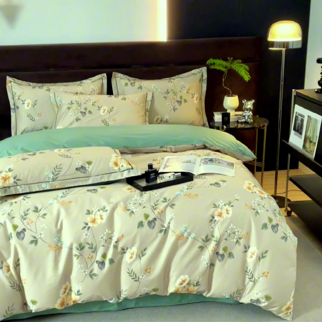 91家纺网 家纺一手货源 找家纺 沐白 2024新款全棉全棉13376全活性印花黄金棉系列四件套 木槿-咖