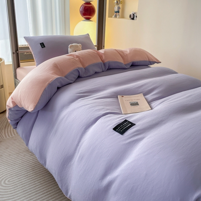 91家纺网 家纺一手货源 找家纺 米瑞娜2024水洗棉麻双拼纯色学生款被套 丁香紫+西梅粉