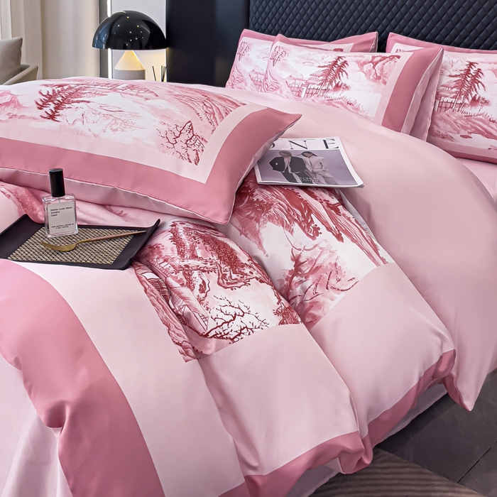 91家纺网 家纺一手货源 找家纺 2024新款水洗真丝画意山水系列四件套 画意山水-粉