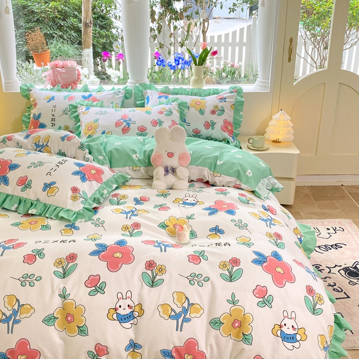 91家纺网 家纺一手货源 找家纺 亨通家纺 2025新款亲肤棉花边韩版床裙四件套 花小妹