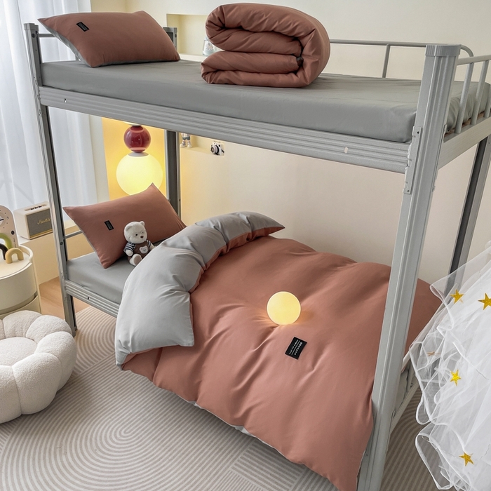 91家纺网 家纺一手货源 找家纺 米瑞娜2024水洗棉麻双拼纯色学生款被套 黛粉+浅灰