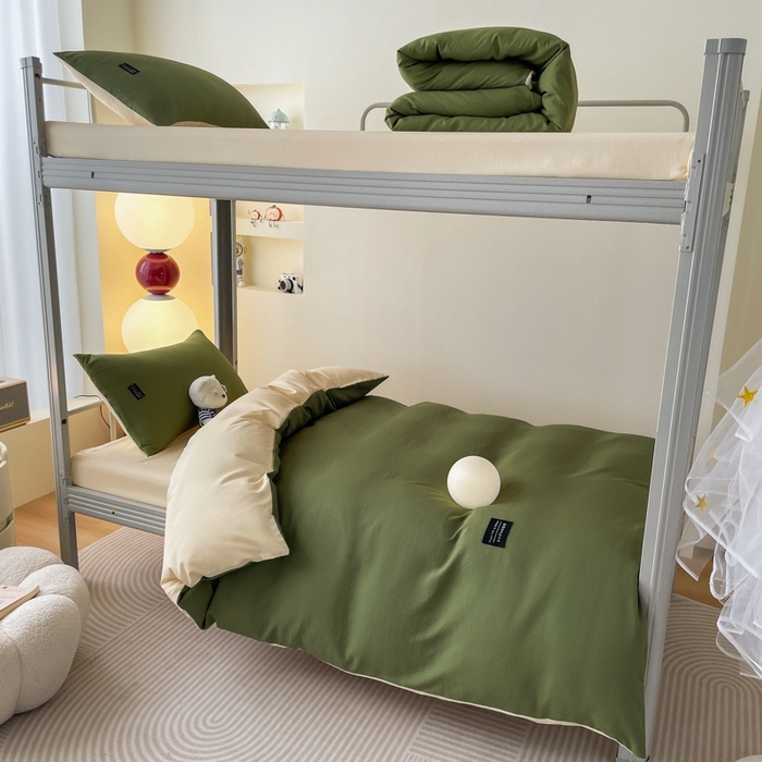 91家纺网 家纺一手货源 找家纺 米瑞娜2024水洗棉麻双拼纯色学生款四件套 橄榄绿+奶油