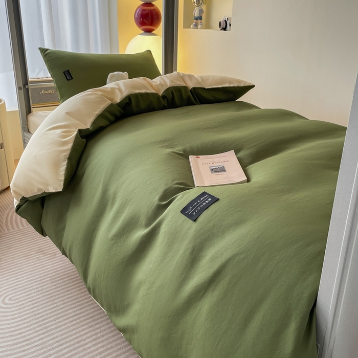 91家纺网 家纺一手货源 找家纺 米瑞娜2024水洗棉麻双拼纯色学生款四件套 橄榄绿+奶油