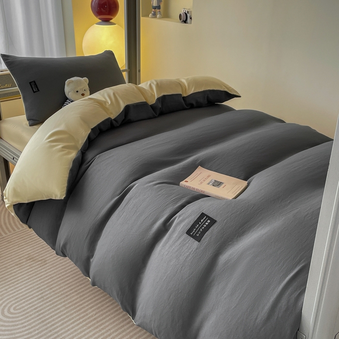 91家纺网 家纺一手货源 找家纺 米瑞娜 2024新款水洗棉麻双拼纯色学生三件套 中灰+奶茶