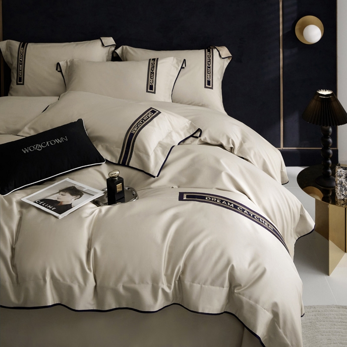 91家纺网 家纺一手货源 找家纺 爱缦 2024新款100支澳棉CR工艺极简轻奢刺绣四件套-茹伊 风格二 云深茶白