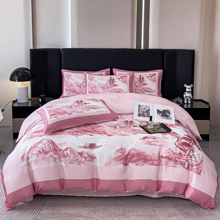 91家纺网 家纺一手货源 找家纺 （总）2024新款水洗真丝画意山水系列四件套