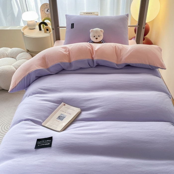 91家纺网 家纺一手货源 找家纺 米瑞娜2024水洗棉麻双拼纯色学生款被套 丁香紫+西梅粉