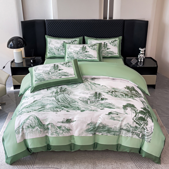 91家纺网 家纺一手货源 找家纺 2024新款水洗真丝画意山水系列四件套 画意山水-绿
