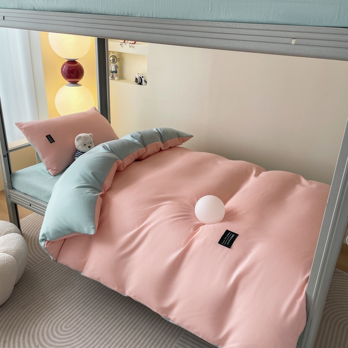 91家纺网 家纺一手货源 找家纺 米瑞娜 2024新款水洗棉麻双拼纯色学生三件套 冰粉+自然绿