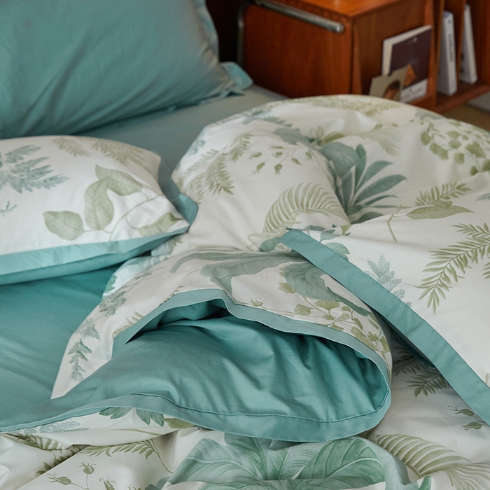 91家纺网 家纺一手货源 找家纺 千朵森 2024新款全棉长绒棉拼角款印花四件套（风格二） 绿茵