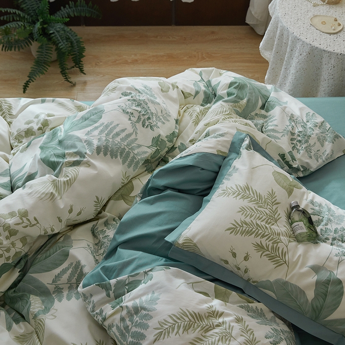 91家纺网 家纺一手货源 找家纺 千朵森 2024新款全棉长绒棉拼角款印花四件套（风格二） 绿茵