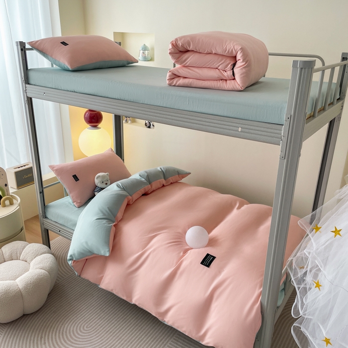 91家纺网 家纺一手货源 找家纺 米瑞娜 2024新款水洗棉麻双拼纯色学生三件套 冰粉+自然绿