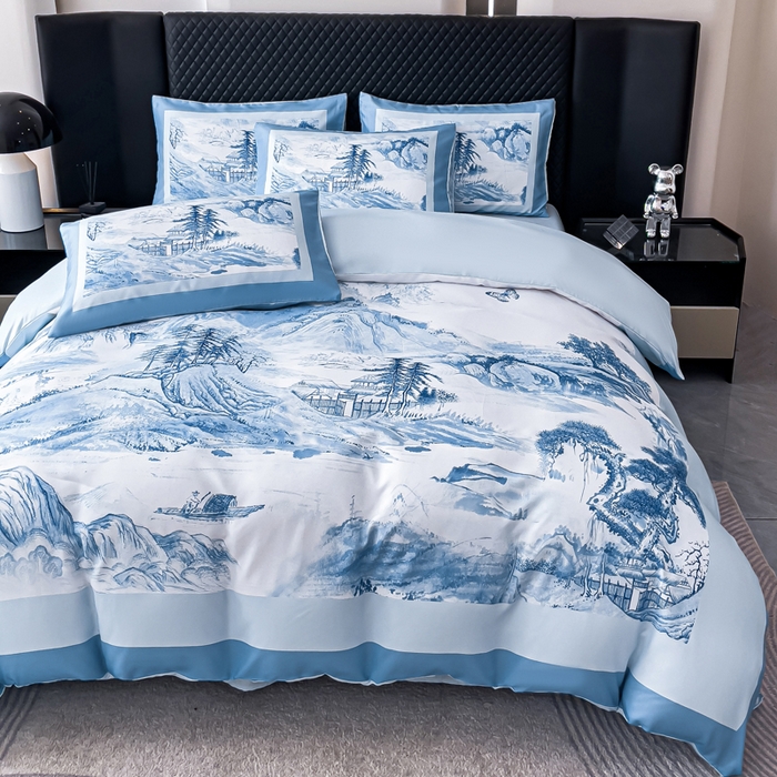 91家纺网 家纺一手货源 找家纺 2024新款水洗真丝画意山水系列四件套 画意山水-蓝